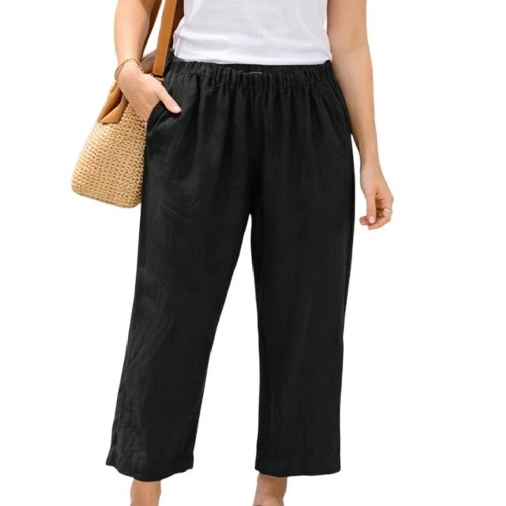 Quince Women's 100% European Linen Elastic Waist Pull On Casual Pants Black XL